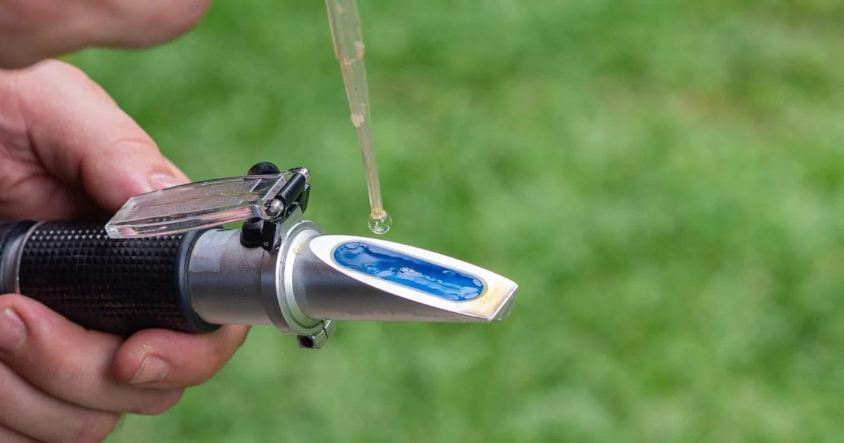 Una mano mide con refractómetro una gota de jugo para leer los grados Brix, con el campo desenfocado al fondo.